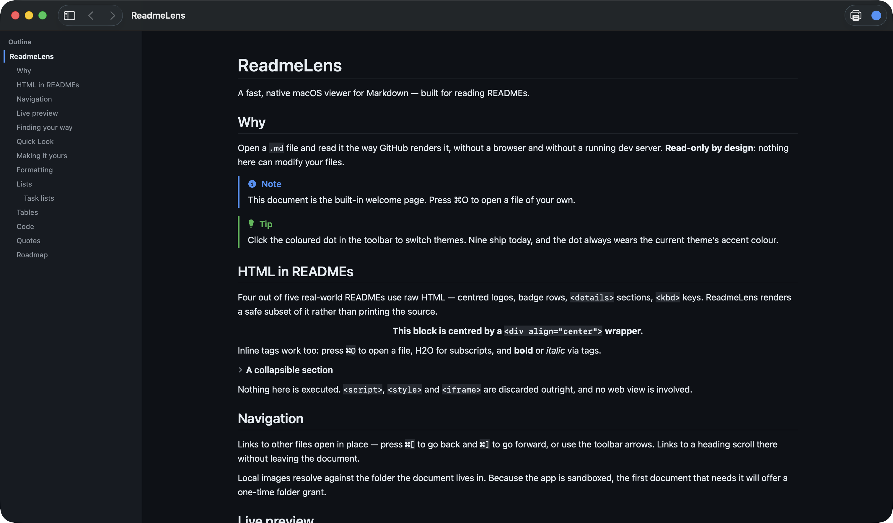 ReadmeLens showing a README rendered in the GitHub Dark theme, with an outline sidebar and syntax-highlighted code