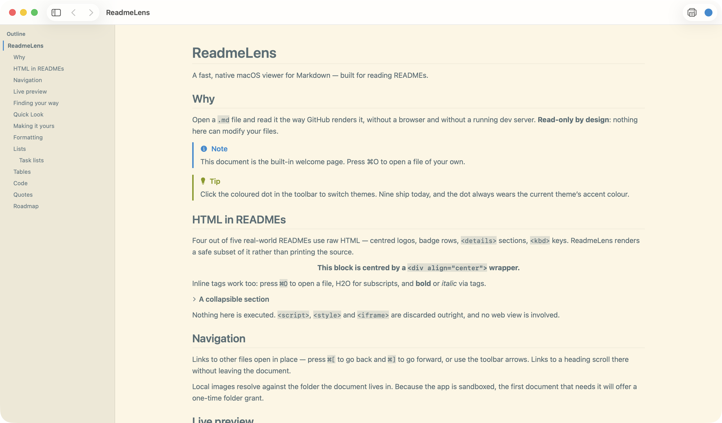 ReadmeLens in the Solarized Light theme, showing the light appearance